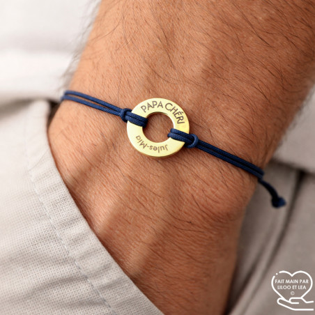Donut-shaped "Papa chéri" bracelet in silver and gold stainless steel with a polyester cord and laser engraving man woman gift