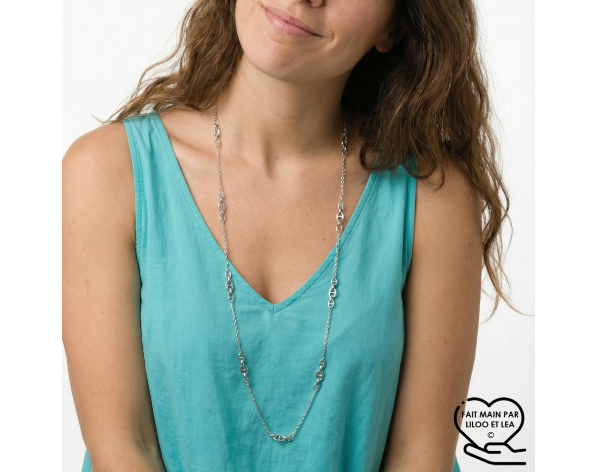 Nautical link long chain necklace in silver stainless steel six lengths woman gift