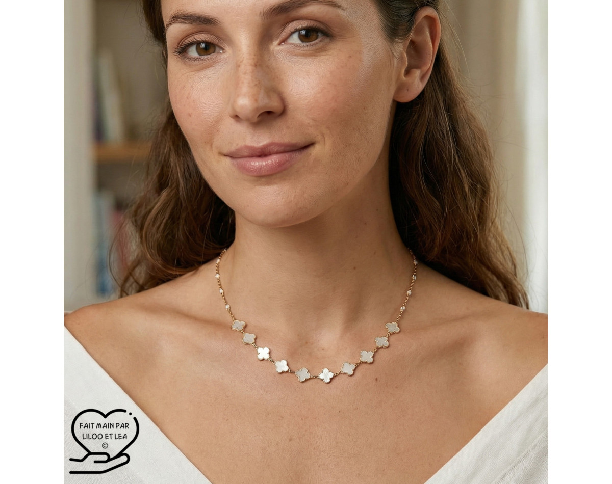 White enamel clover necklace on silver or gold stainless steel woman gift