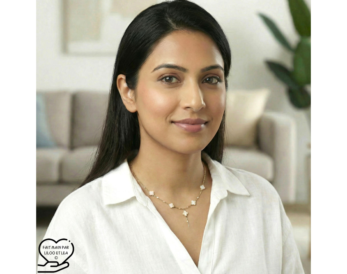 Collier en Y lariat trèfles en émail blancs sur acier inoxydable argent or cadeau femme