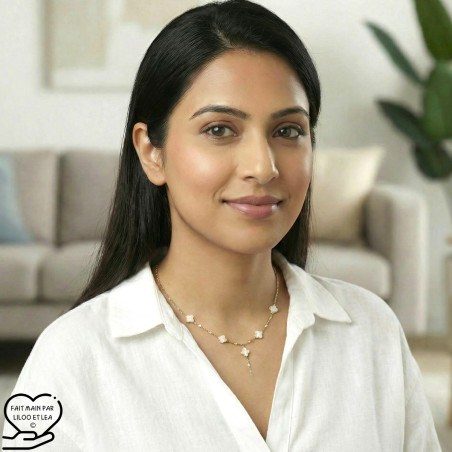 White enamel clover Y shape lariat necklace on silver or gold stainless steel woman gift