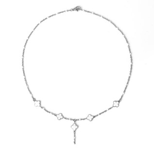 Collier en Y lariat trèfles en émail blancs sur acier inoxydable argent or cadeau femme