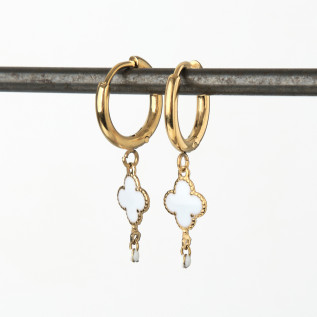 Boucles d'oreilles petites créoles et trèfles blancs en émail sur acier inoxydable argent or vendues par paire