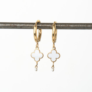 Small hoop earrings with white enamel clover pendants on stainless steel silver and gold sold in pairs