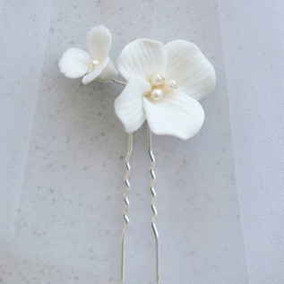 Bridal hairpin FLORA two porcelain flower pearls