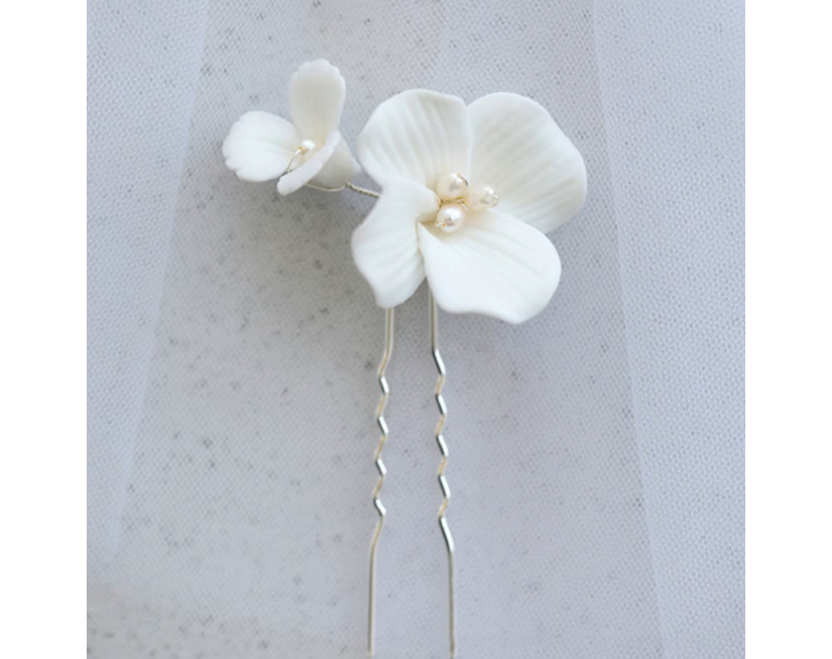 Bridal hairpin FLORA two porcelain flower pearls