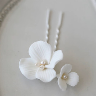 Bridal hairpin FLORA two porcelain flower pearls
