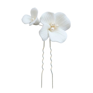 Bridal hairpin FLORA two porcelain flower pearls