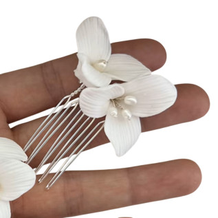 Bridal hair comb JANE three petal porcelain flowers fresh water pearls