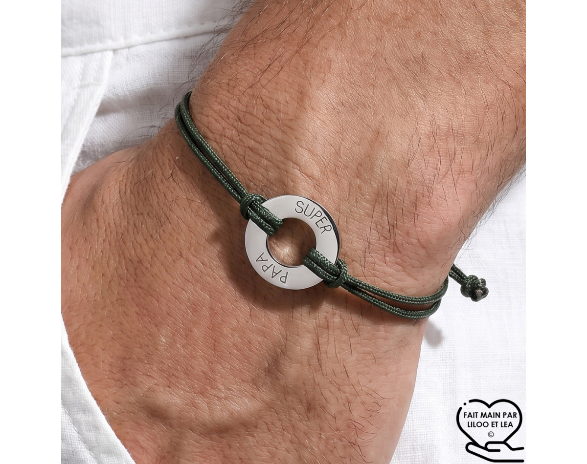 Donut-shaped "Super papa" bracelet in silver and gold stainless steel with a polyester cord and laser engraving man woman gift