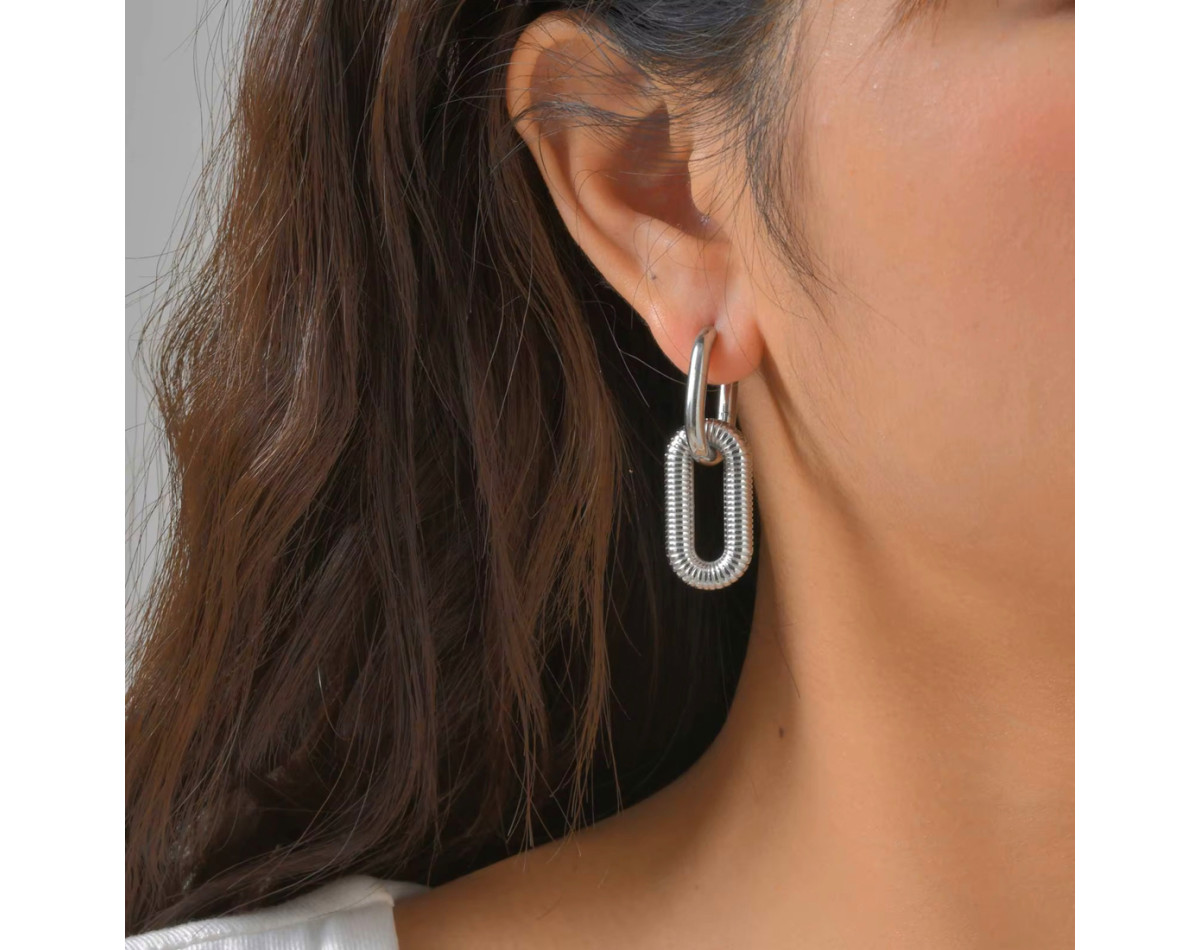 Smooth and striped intertwined rectangles hoop earrings stainless steel gold silver sold by pair
