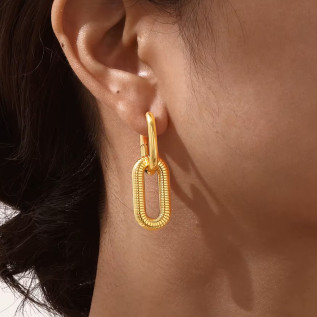Smooth and striped intertwined rectangles hoop earrings stainless steel gold silver sold by pair