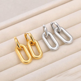 Smooth and striped intertwined rectangles hoop earrings stainless steel gold silver sold by pair