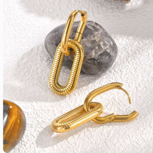 Smooth and striped intertwined rectangles hoop earrings stainless steel gold silver sold by pair