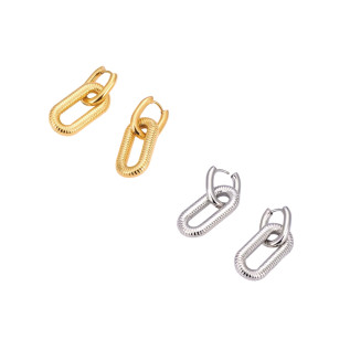 Smooth and striped intertwined rectangles hoop earrings stainless steel gold silver sold by pair