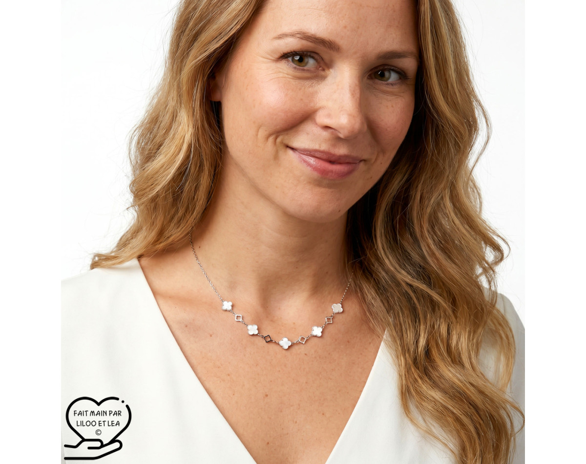 Collier trèfles en émail blancs et trèfles creux sur acier inoxydable argent or cadeau femme
