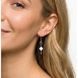 Leverback earrings with white enamel and hollow clover pendants on stainless steel silver and gold sold in pairs