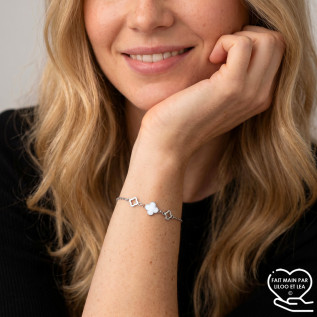 Bracelet trèfle blanc en émail et deux trèfles creux sur acier inoxydable argent or bijou femme