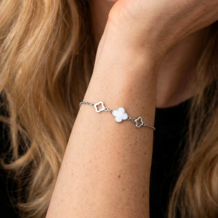 Bracelet trèfle blanc en émail et deux trèfles creux sur acier inoxydable argent or bijou femme