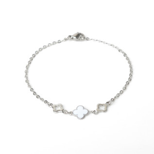 Bracelet trèfle blanc en émail et deux trèfles creux sur acier inoxydable argent or bijou femme