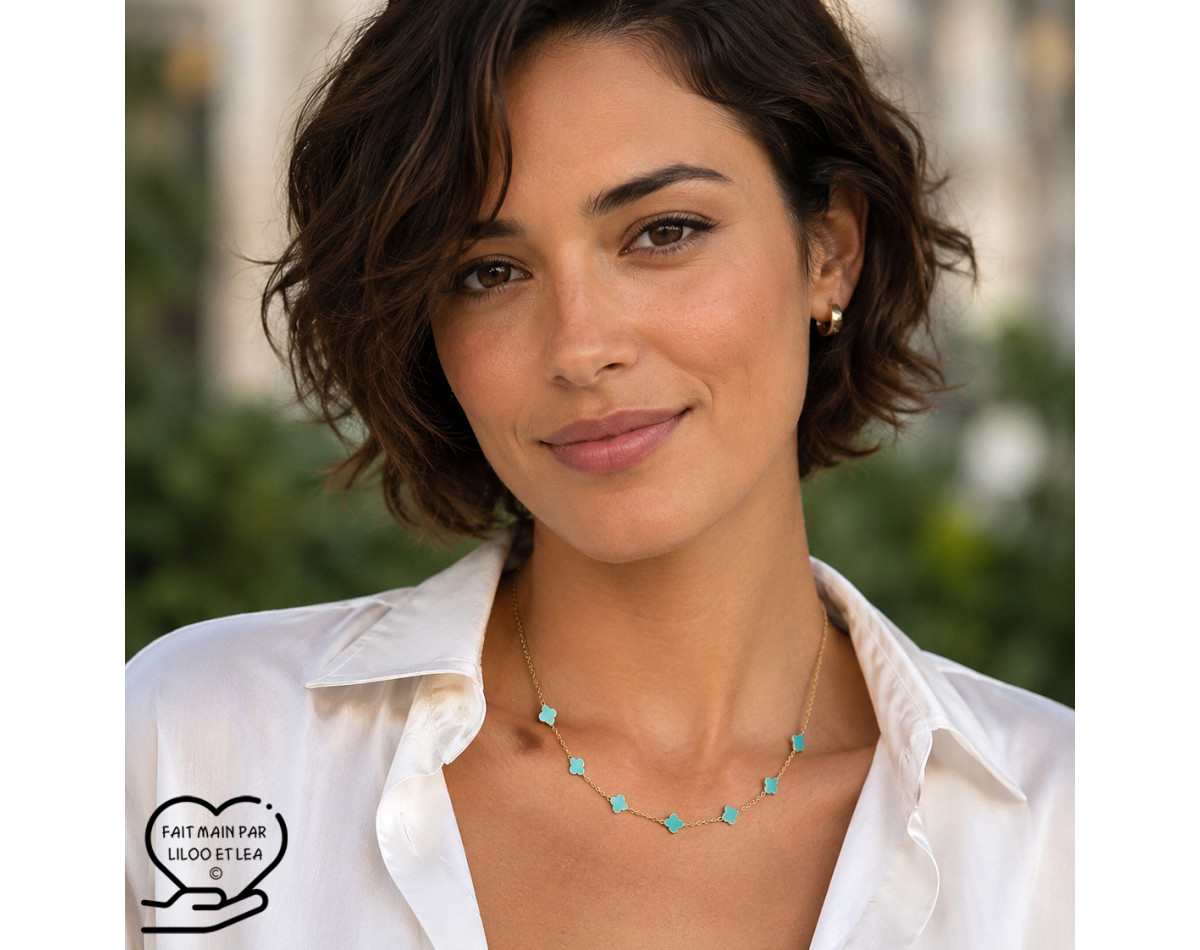 Turquoise enamel clover necklace on silver or gold stainless steel woman gift