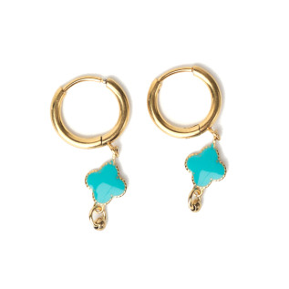 Boucles d'oreilles petites créoles et trèfles turquoise en émail sur acier inoxydable argent or vendues par paire