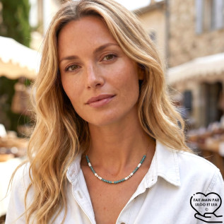 Collier perles Miyuki bleu-vert blanc et rondelles hématite sur acier inoxydable argent or cadeau femme