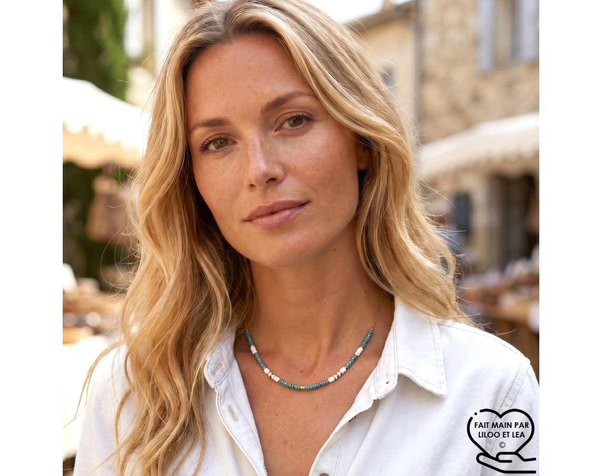 Collier perles Miyuki bleu-vert blanc et rondelles hématite sur acier inoxydable argent or cadeau femme