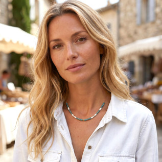 Collier perles Miyuki bleu-vert blanc et rondelles hématite sur acier inoxydable argent or cadeau femme