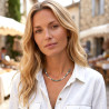 Hematite discs and blue-green white Miyuki beads necklace on silver or gold stainless steel woman gift