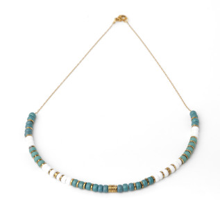 Collier perles Miyuki bleu-vert blanc et rondelles hématite sur acier inoxydable argent or cadeau femme