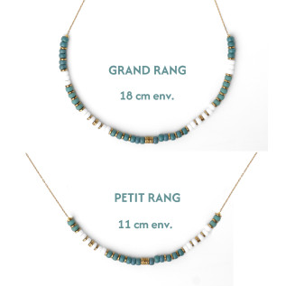 Hematite discs and blue-green white Miyuki beads necklace on silver or gold stainless steel woman gift