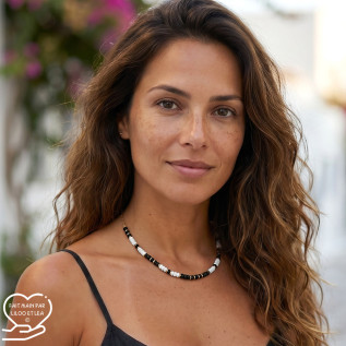 Collier perles Miyuki noir blanc et rondelles hématite sur acier inoxydable argent or cadeau femme