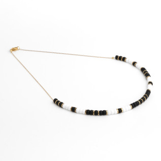 Hematite discs and black white Miyuki beads necklace on silver or gold stainless steel woman gift