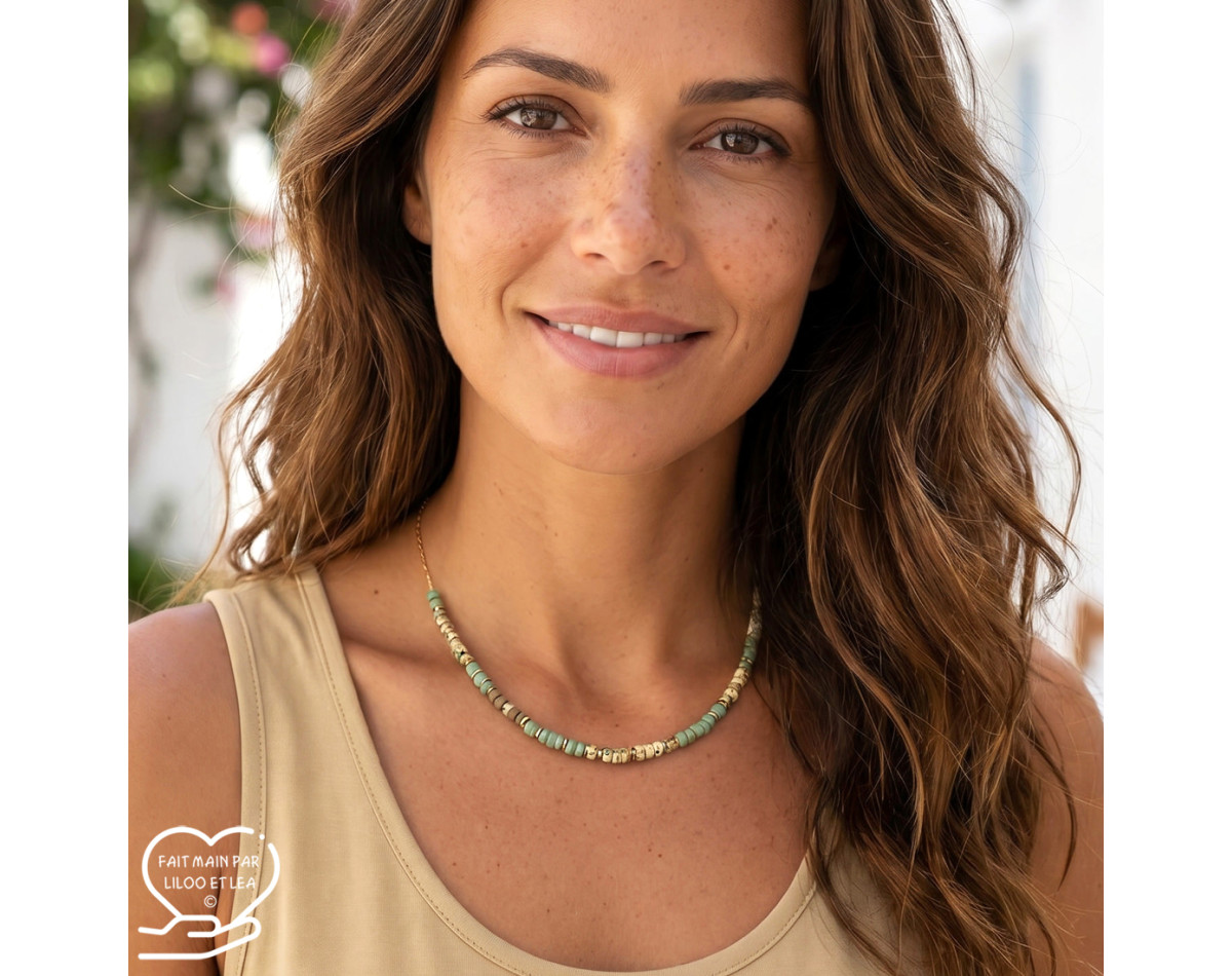 Hematite discs and beige and khaki tones Miyuki beads necklace on silver or gold stainless steel woman gift