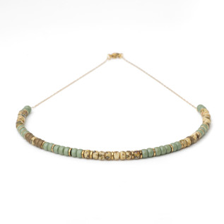 Collier perles Miyuki tons beige et kaki et rondelles hématite sur acier inoxydable argent or cadeau femme