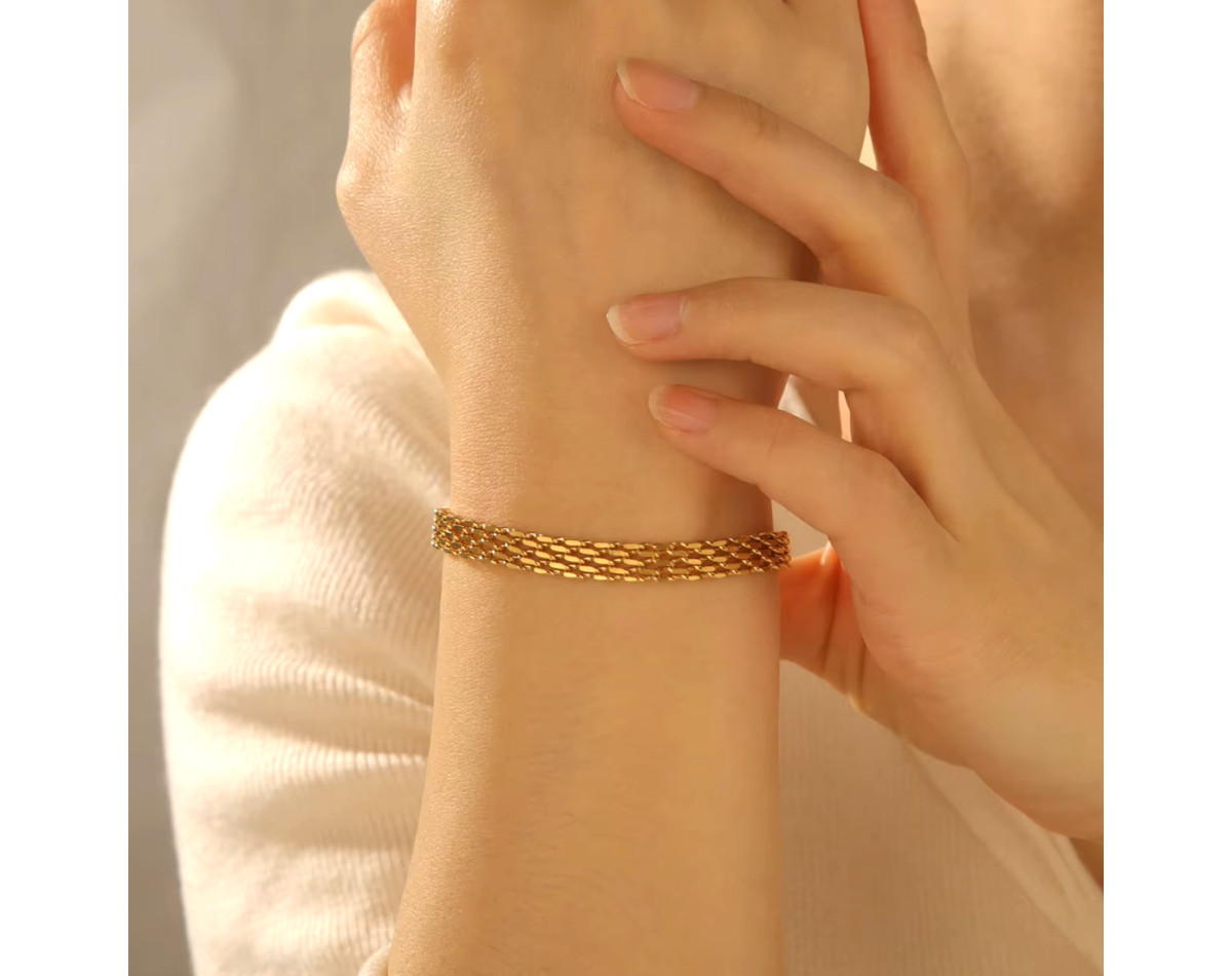 Bracelet maille large et plate en acier inoxydable or argent bijou femme
