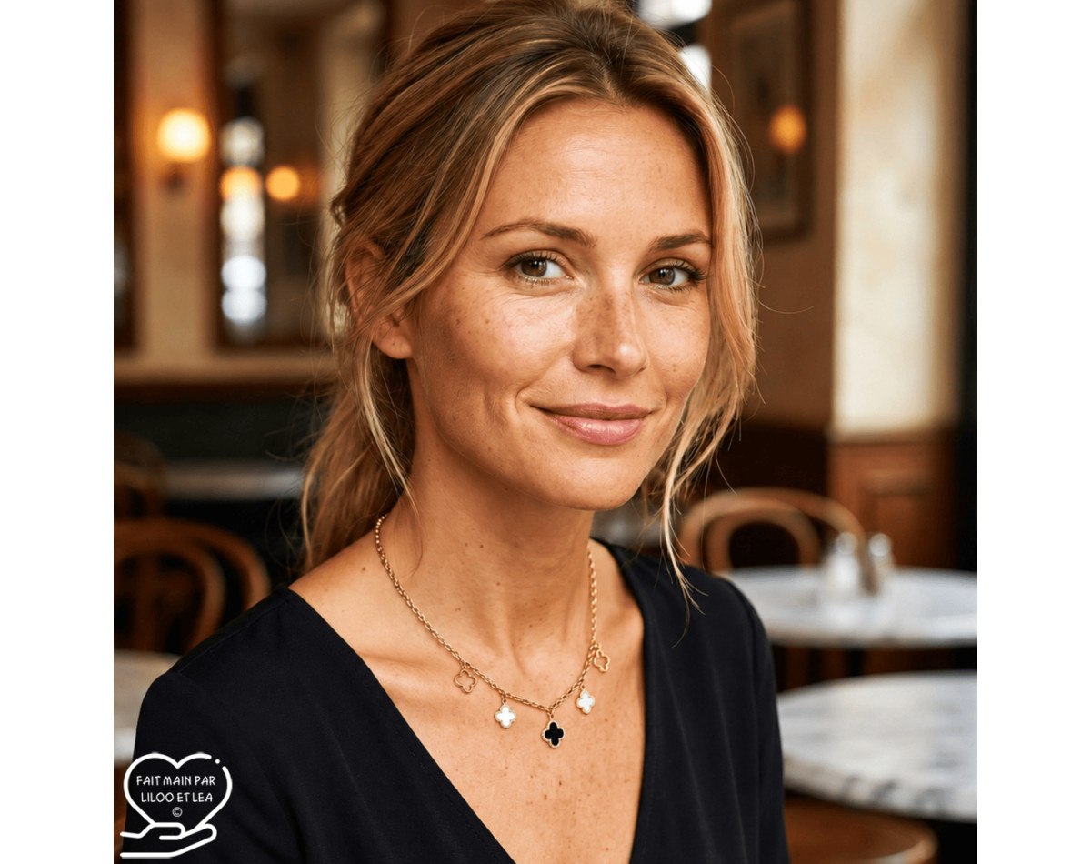 Collier trèfle noir blanc et creux sur acier inoxydable or cadeau collier femme