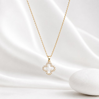 Collier pendentif trèfle double face noir et blanc zirconiums sur acier inoxydable or cadeau collier femme