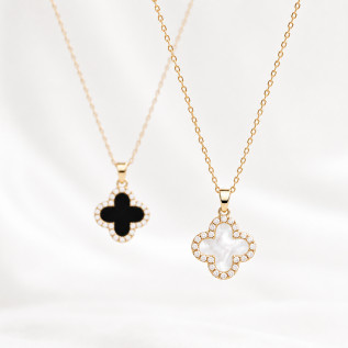 Double-sided black white clover necklace cubic zirconia on gold stainless steel woman necklace gift