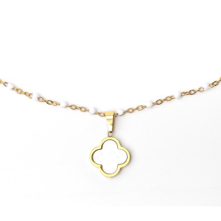 White clover pendant necklace on beaded white chain gold  silver stainless steel woman necklace gift