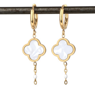 Boucles d'oreilles créoles et trèfles blancs en nacre sur acier inoxydable argent or vendues par paire