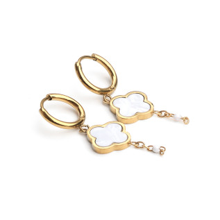 Hoop earrings with white clover pendants on stainless steel silver and gold sold in pairs