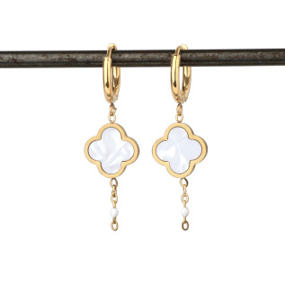 Boucles d'oreilles créoles et trèfles blancs en nacre sur acier inoxydable argent or vendues par paire