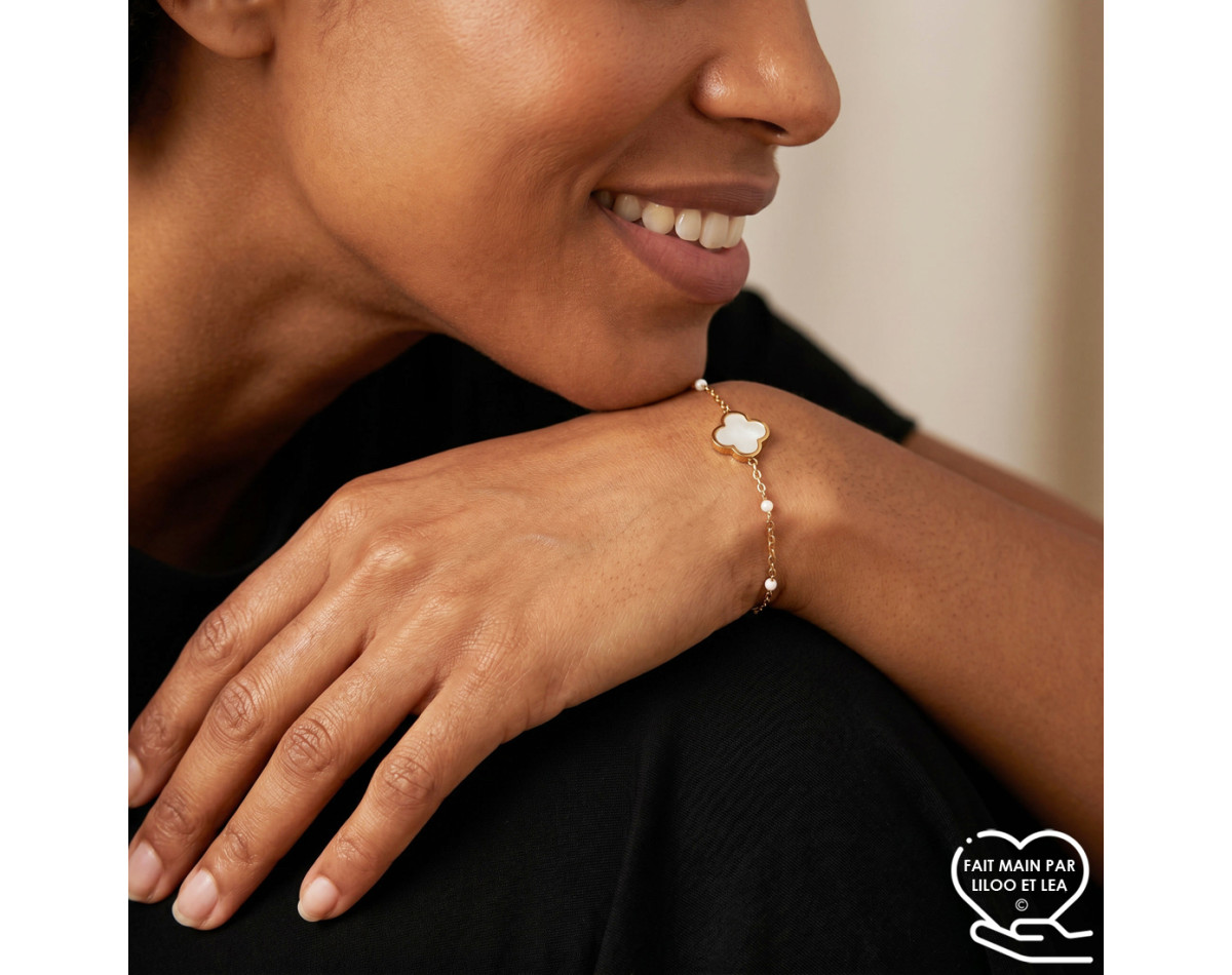 White clover bracelet on stainless steel silver and gold beaded chain women jewelry