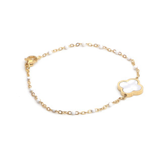 Bracelet trèfle blanc sur acier inoxydable argent or chaîne perlée bijou femme