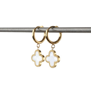 Hoop earrings with white clover pendants on stainless steel silver gold sold in pairs woman gift