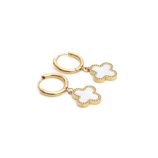 Boucles d'oreilles créoles et trèfles blancs en nacre sur acier inoxydable argent or vendues par paire cadeau femme