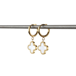 Boucles d'oreilles créoles et trèfles blancs en nacre sur acier inoxydable argent or vendues par paire cadeau femme