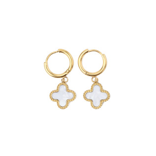 Boucles d'oreilles créoles et trèfles blancs en nacre sur acier inoxydable argent or vendues par paire cadeau femme